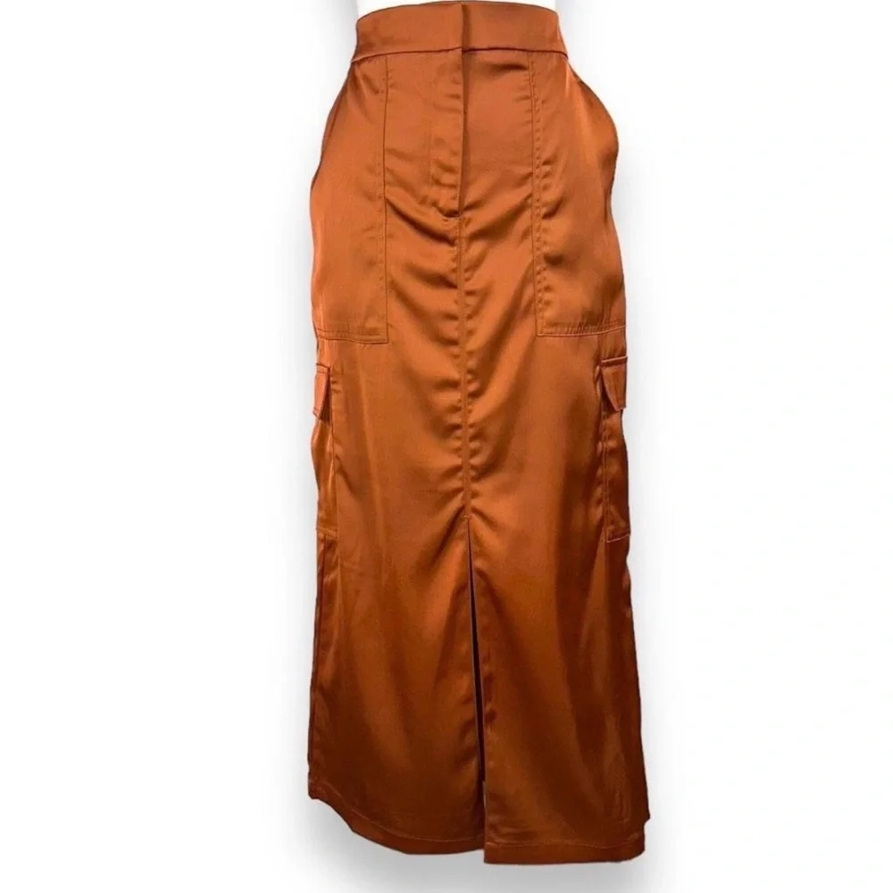 House of Harlow Rust satin cargo midi skirt boho hippie 70s festival vibe